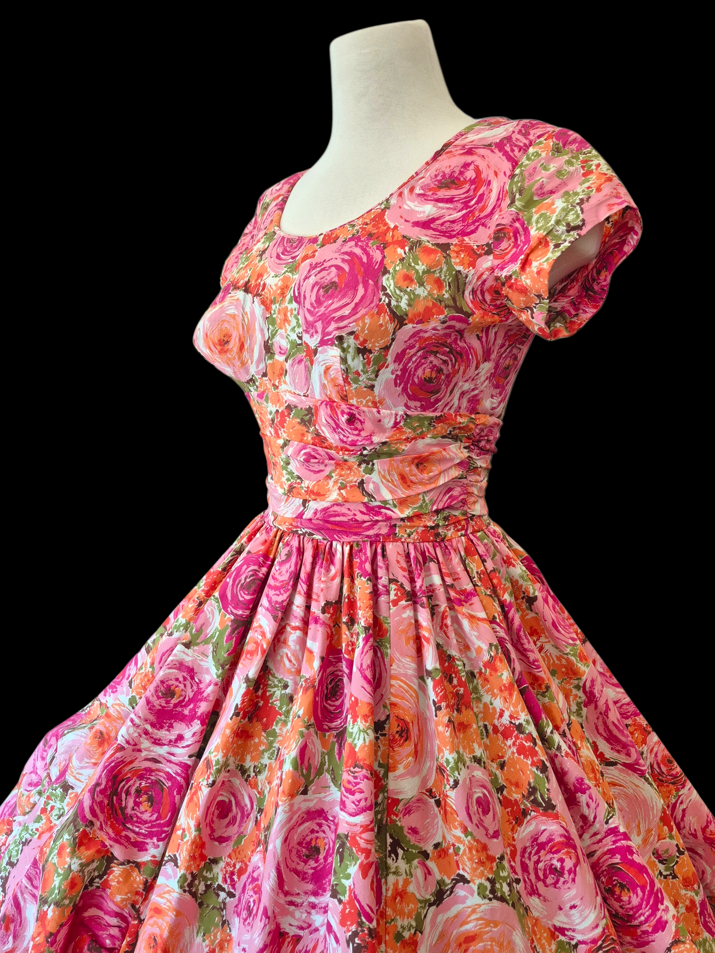 Vintage 1950s Pink Floral Bubble Hem Dress | Orange Rose Print Cotton Party Dress Pixie of California