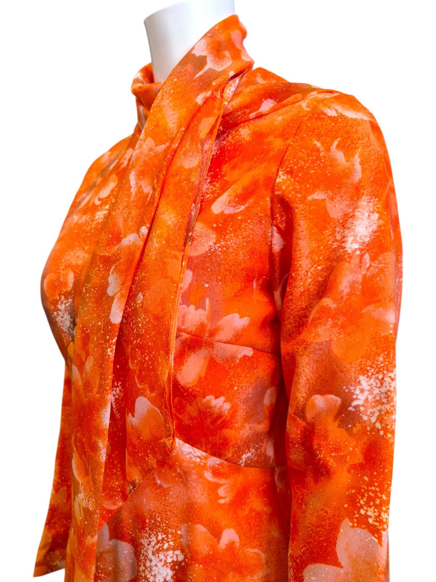 Vintage 1970s Orange Floral Scarf Neck Long Sleeve Maxi Dress