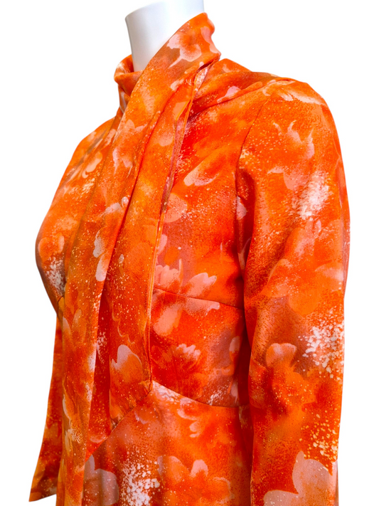 Vintage 1970s Orange Floral Scarf Neck Long Sleeve Maxi Dress