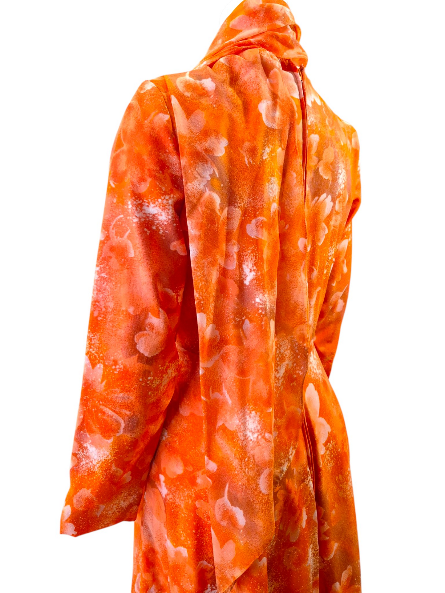 Vintage 1970s Orange Floral Scarf Neck Long Sleeve Maxi Dress