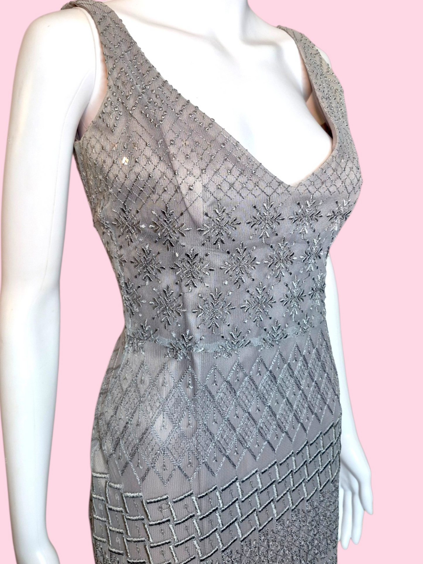 ⭐️Designer⭐️ Vintage 1990s Archival Ineptie Paris Art Deco Embroidered Column Gown with Sequins