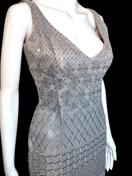 ⭐️Designer⭐️ Vintage 1990s Archival Ineptie Paris Art Deco Embroidered Column Gown with Sequins