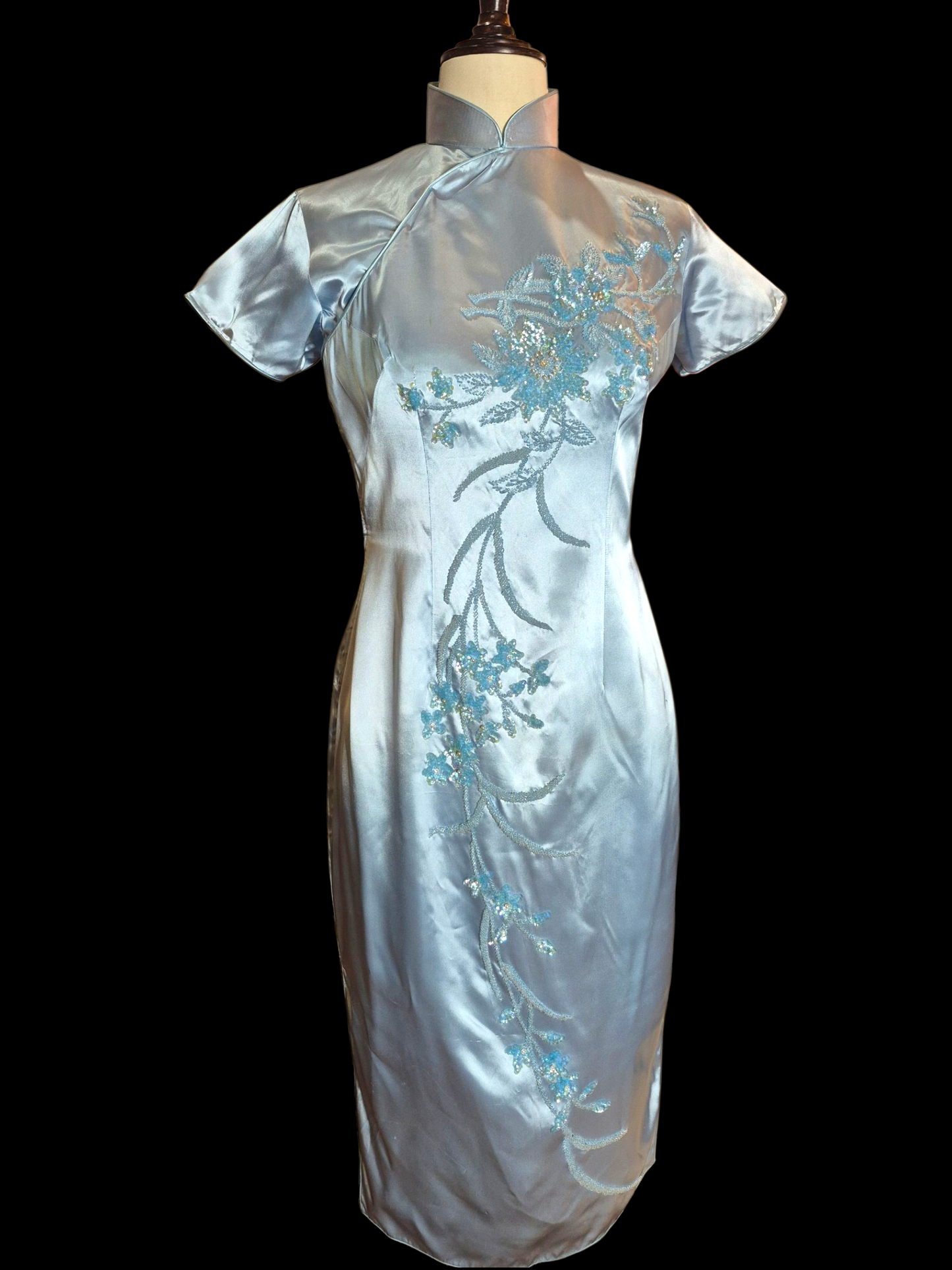 Vintage 1950s Blue Satin Qipao Dress with Sequin Floral design sz M/L
