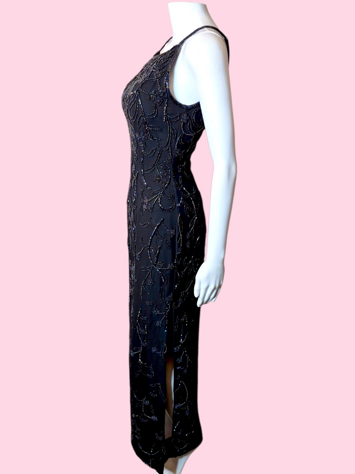 Vintage 1990s Black evening gown with Iridescent floral beadwork by Sean Collection