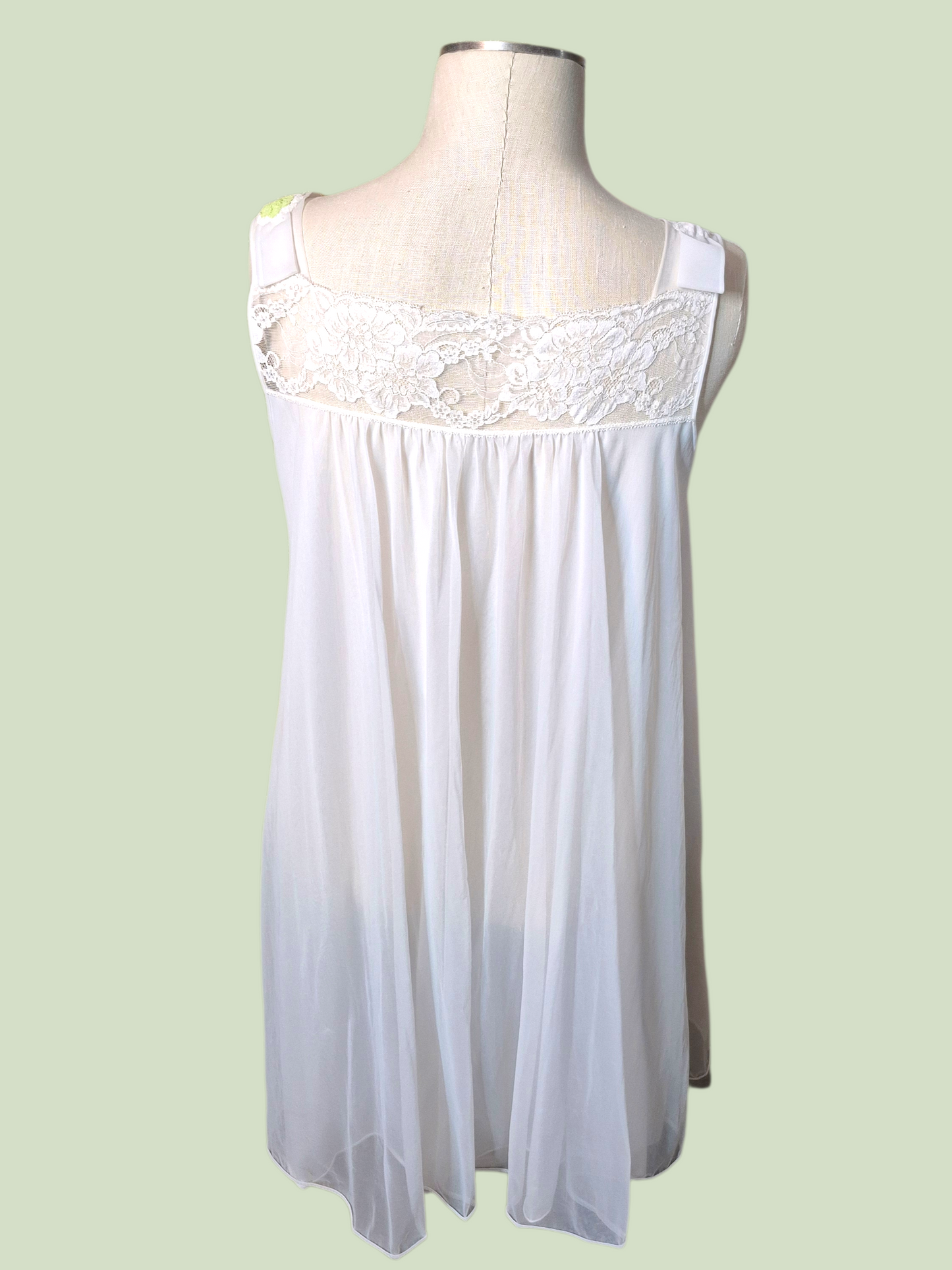 Vintage 50s/60s Vanity Fair White double layer chiffon babydoll with green accents