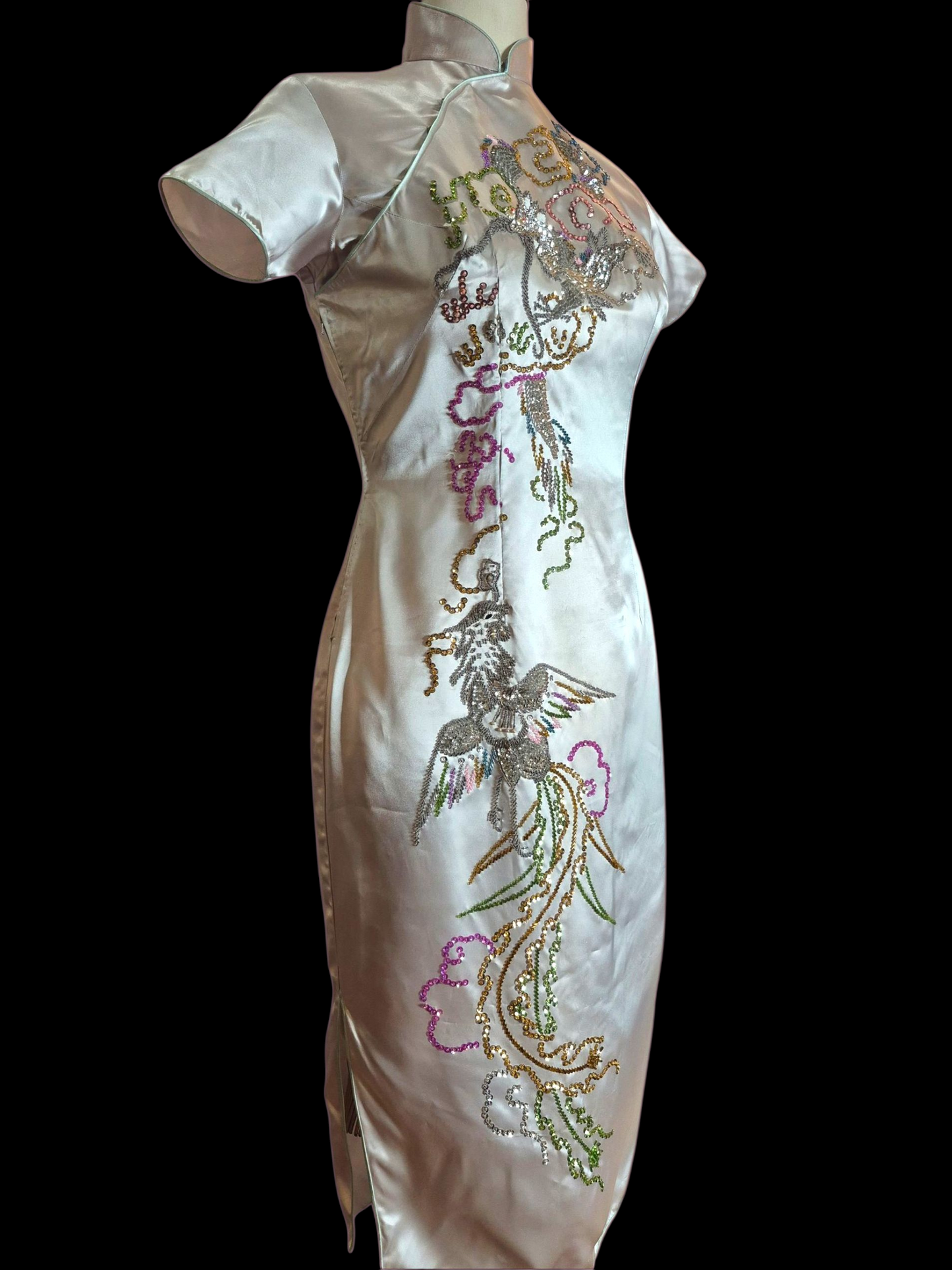 Vintage 1950s Silver Satin  Sequin Dragon Qipao Dress M/L