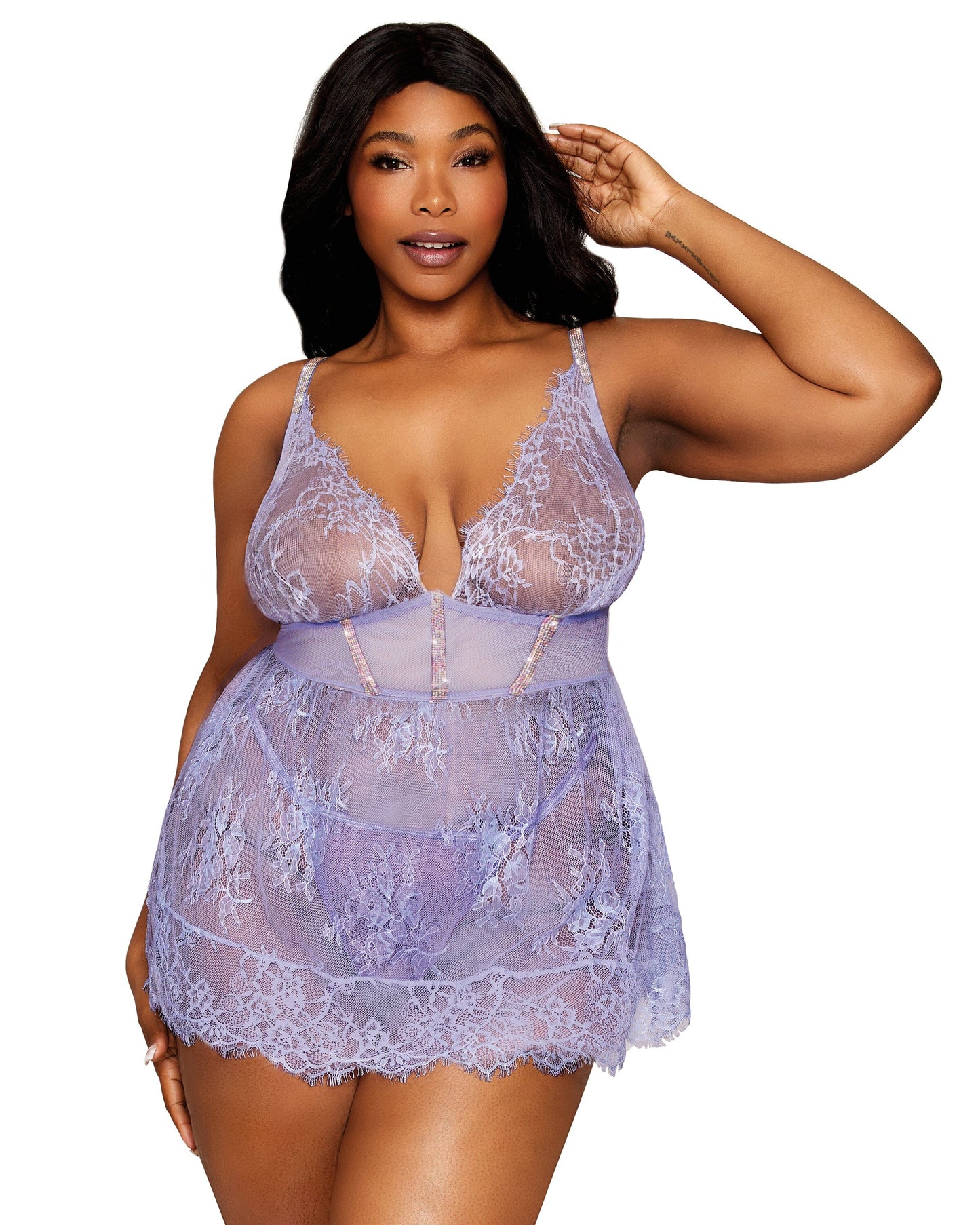 Eyelash Lace babydoll & G-string Set with Rhinestone Detailing